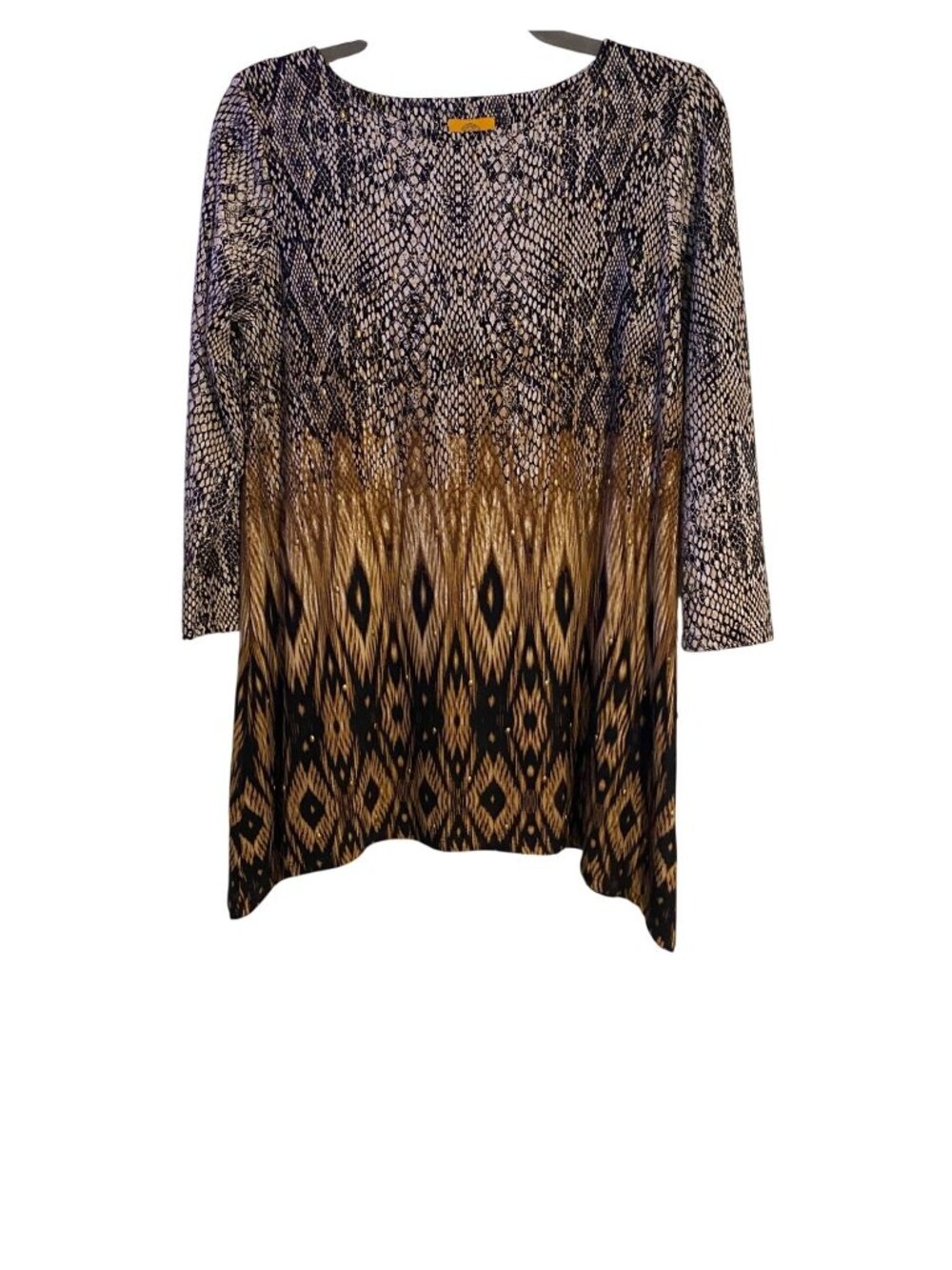Ruby Rd Women's S Multicolor Tunic Top 3/4 Sleeve Snake & Ikat Print Lagenlook